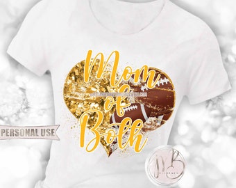 Athletic Gold Mom of Both Heart T-Shirt Sublimation Design Download • Football Collage and Cheer Poms Sports Mom Gift • DIY Print and Press