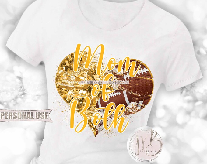 Mom of Both Heart T-Shirt Download • Athletic Gold School Colors Football Collage and Cheer Pom Poms • Sublimation Print and Press