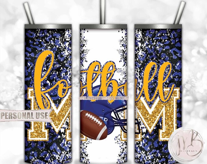 Blue Athletic Gold Football Mom 20oz Skinny Tumbler Wrap Sublimation Design Download • Football Helmet Leopard Mom Gift • DIY Print & Press