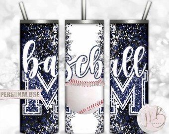 Navy Blue Baseball Mom 20oz Skinny Tumbler Wrap Sublimation Design Download • Leopard Print Sports Mom Glitter Letters • DIY Print and Press