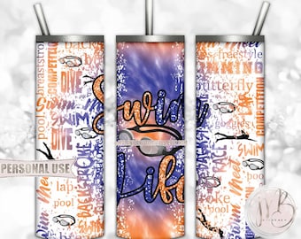 Glitter Swim Life 20oz Skinny Tumbler Wrap Sublimation Download • Blue and Orange Tie Dye Swim Goggles Swim Team Gift • DIY Print and Press