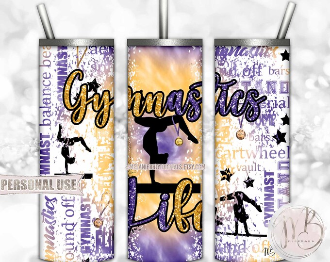 Glitter Gymnastics Life 20oz Skinny Tumbler Wrap Sublimation Download • Purple and Athletic Gold Tie Dye Typography • DIY Print & Press