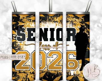 Athletic Gold Girl Graduation Senior 2026 20oz Skinny Tumbler Wrap Sublimation Download • Grad Cap Glitter Graduate Gift • DIY Print & Press