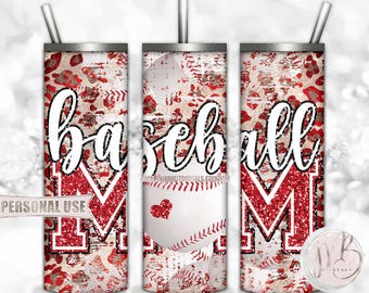 Red Baseball Mom 20oz Skinny Tumbler Wrap Sublimation Design Download • Distressed Baseball and Leopard Design Mom Gift • DIY Print & Press