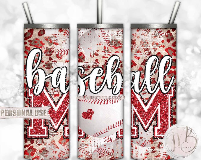 Red Baseball Mom 20oz Skinny Tumbler Wrap Sublimation Design Download • Distressed Baseball and Leopard Design Mom Gift • DIY Print & Press