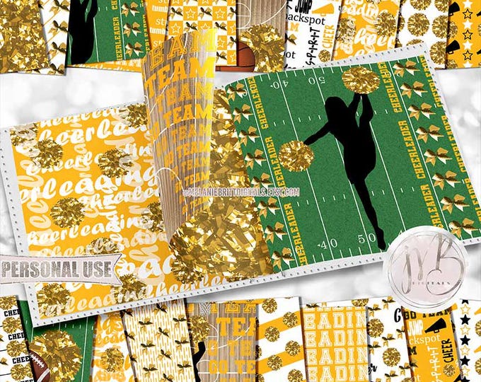 Athletic Gold Cheerleading Scrapbook Paper Download • Shiny Pom Poms Bows Megaphone • Scrapbooking Printable