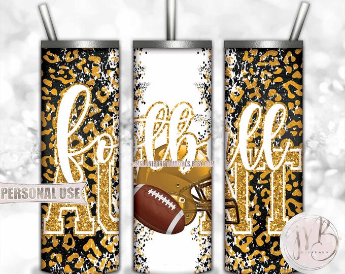 Athletic Gold Football Aunt 20oz Skinny Tumbler Wrap Sublimation Design • Football Helmet Leopard Print Sports Aunt Gift • DIY Print & Press