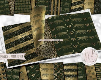 Dark Green and Gold Safari Scrapbook Paper Download • Safari Big Cat Leopard Print Design • DIY Printable Paper Crafts 20 12x12 JPG & PDF