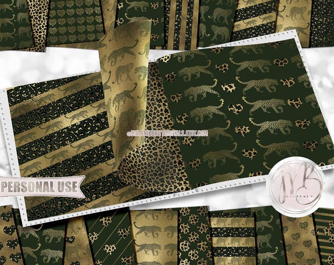 Dark Green and Gold Safari Scrapbook Paper Download • Safari Big Cat Leopard Print Design • DIY Printable Paper Crafts 20 12x12 JPG & PDF