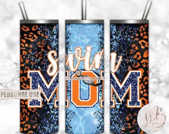 Swim Mom 20oz Skinny Tumbler Wrap Sublimation Design • Orange and Navy Leopard Pool Goggles Swim Team Mom Gift • DIY Print & Press