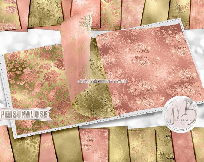 Blush Peach and Gold Floral Scrapbook Paper Download • Shiny Metallic Foil Flower Design • DIY Printable Paper Crafts 20 12x12 JPG & PDF