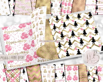Girl Birthday Scrapbook Paper Download • Pink and Gold Kids Birthday Party Celebration • DIY Printable Paper Crafts 20 12x12 JPG & PDF