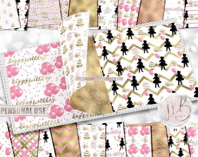 Girl Birthday Scrapbook Paper Download • Pink and Gold Kids Birthday Party Celebration • DIY Printable Paper Crafts 20 12x12 JPG & PDF