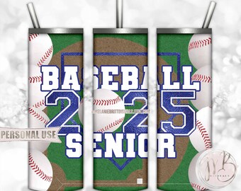 Blue Baseball Senior 2025 20oz Skinny Tumbler Wrap Sublimation Design Download • Senior Year Sports Graduate Gift • DIY Print and Press
