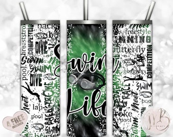 Swim Life 20oz Skinny Sublimation Tumbler Wrap PNG Download • Green and Black Tie Dye Swim Goggles Swimmer Swim Team • Seamless Design