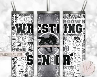 Silver Boy Wrestling Senior 2026 20oz Skinny Tumbler Wrap Sublimation Download • Wrestler Grad Gift Wrestling Typography • DIY Print & Press
