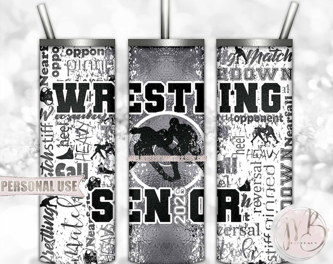 Silver Boy Wrestling Senior 2026 20oz Skinny Tumbler Wrap Sublimation Download • Wrestler Grad Gift Wrestling Typography • DIY Print & Press