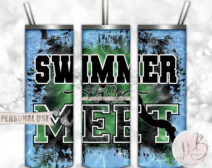 Swimmer Of The Meet 20oz Skinny Tumbler Wrap Sublimation Download • Green & Black Tie Dye Pool Water Swim Team • DIY Print and Press