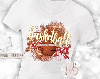 Basketball Mom T-Shirt Sublimation Design • Distressed Basketball Collage Sports Mom Red and Athletic Gold Glitter • DIY Print and Press