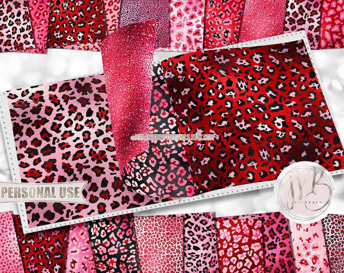 Valentines Leopard Print Scrapbook Paper Download • Red and Pink Shimmering Foil • Scrapbooking Printable