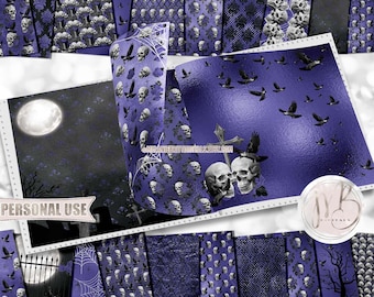 Gothic Skulls Scrapbook Paper Design Download • Indigo Blue Raven Spider Cross Halloween • Printable Paper Crafts 20 12x12 JPG & PDF