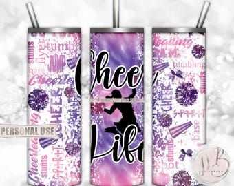 Cheer Life 20oz Skinny Tumbler Wrap Sublimation Design • Pink & Purple Tie Dye Pom Squad Typography Cheerleader Gift • DIY Print and Press