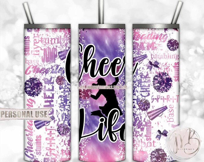 Cheer Life 20oz Skinny Tumbler Wrap Sublimation Design • Pink & Purple Tie Dye Pom Squad Typography Cheerleader Gift • DIY Print and Press