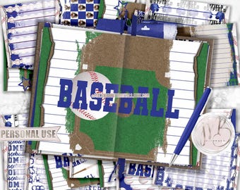 Blue Baseball Junk Journal Page Download • Field Helmet Bat Ball Sports Memorabilia • DIY Printable Journal 20 11x8.5 JPG & PDF