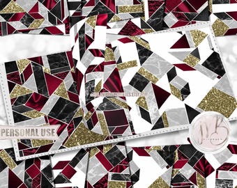 Burgundy Modern Scrapbook Paper Download • Geometric Tiled Design Marble Silk Glitter Foil • Printable Paper Crafts 12 12x12 JPG & PDF