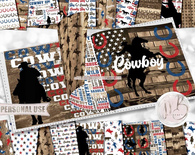 Patriotic Cowboy Scrapbook Paper Download • Country Western Rodeo Rustic Wood Farm and Ranch • Scrapbooking Printable