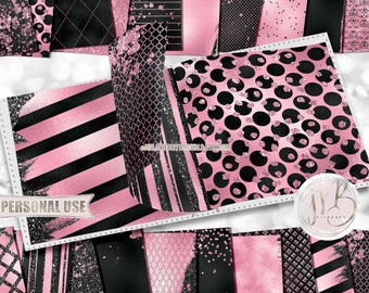 Black and Pink Glam Scrapbook Paper Download • Sparkling Glitter and Shimmering Foil Design • Printable Paper Crafts 20 12x12 JPG & PDF