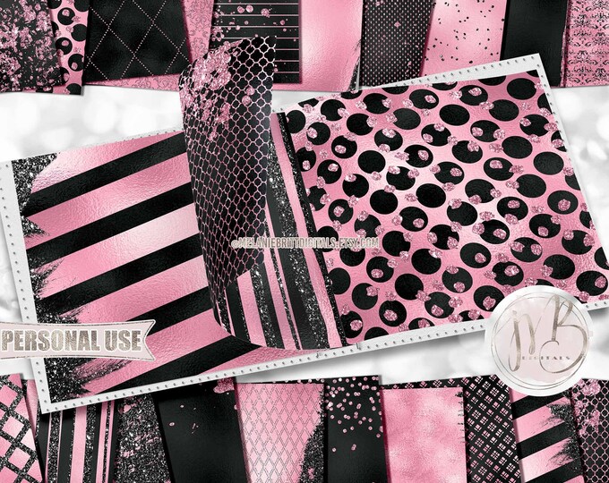 Black and Pink Glam Scrapbook Paper Download • Sparkling Glitter and Shimmering Foil Design • Printable Paper Crafts 20 12x12 JPG & PDF