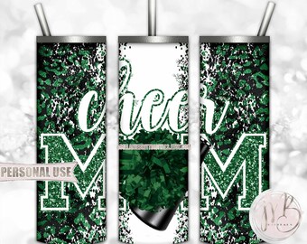 Green Cheer Mom 20oz Skinny Tumbler Wrap Sublimation Design • Leopard Print Design Pom Pom Megaphone Glitter Mom Gift • DIY Print and Press