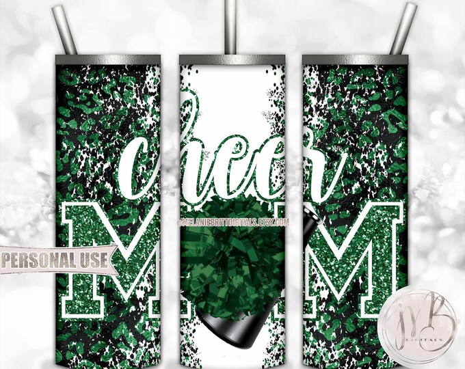 Green Cheer Mom 20oz Skinny Tumbler Wrap Sublimation Design • Leopard Print Design Pom Pom Megaphone Glitter Mom Gift • DIY Print and Press