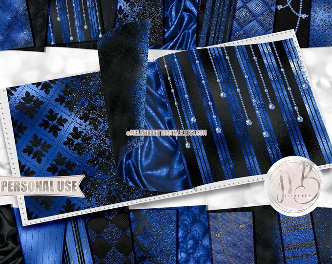 Cobalt Blue and Black Classy Scrapbook Paper Download • Sophisticated Design Diamonds Glitter Foil • Printable Paper Crafts 20 12x12 JPG PDF
