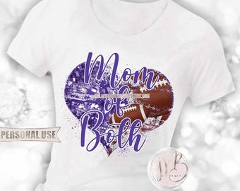 Purple Mom of Both Heart T-Shirt Sublimation Design Download • Football Collage and Cheer Poms Sports Mom T-Shirt Gift • DIY Print and Press