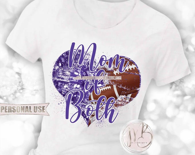 Purple Mom of Both Heart T-Shirt Sublimation Design Download • Football Collage and Cheer Poms Sports Mom T-Shirt Gift • DIY Print and Press
