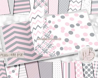 Pink and Gray Classic Scrapbook Paper Download • Patterned Geometric Design • DIY Printable Paper Crafts 20 12x12 JPG & PDF