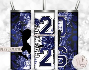 Blue Cheer Senior 2026 20oz Skinny Tumbler Wrap Sublimation Design • Pom Pom Megaphone Glitter Senior Cheerleader Gift • DIY Print and Press