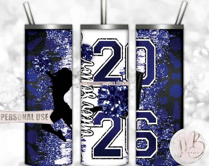 Blue Cheer Senior 2026 20oz Skinny Tumbler Wrap Sublimation Design • Pom Pom Megaphone Glitter Senior Cheerleader Gift • DIY Print and Press