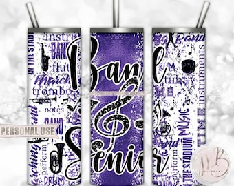 Purple Band Senior 20oz Skinny Tumbler Wrap Sublimation Design Download • Marching Band Typography Senior Year Grad Gift • DIY Print & Press