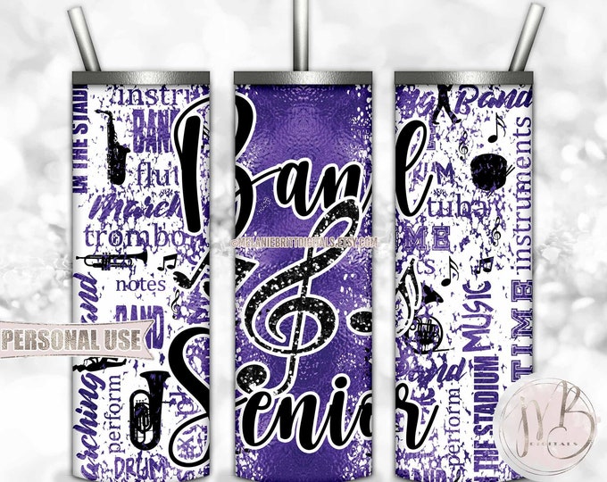 Purple Band Senior 20oz Skinny Tumbler Wrap Sublimation Design Download • Marching Band Typography Senior Year Grad Gift • DIY Print & Press