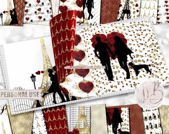 Red and Gold Paris Honeymoon Scrapbook Paper Download • Eiffel Tower Romantic Shimmering Foil • Printable Paper Crafts 20 12x12 JPG & PDF