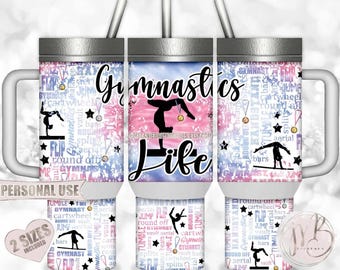 Gymnastics Life 40oz Travel Tumbler Wrap Sublimation Design Download • Pink and Blue Tie Dye Typography Gymnast Gift • DIY Print and Press