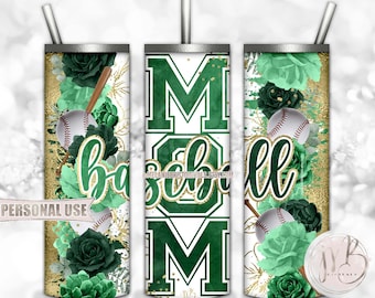 Floral Baseball Mom 20oz Skinny Tumbler Wrap Sublimation Download • Green Flowers Gold Splatter Sports Mom Gift • DIY Print and Press