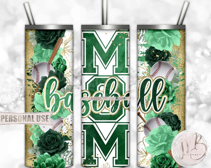 Floral Baseball Mom 20oz Skinny Tumbler Wrap Sublimation Download • Green Flowers Gold Splatter Sports Mom Gift • DIY Print and Press