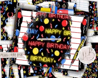 Neon Birthday Junk Journal Page Download • Red Blue and Yellow Glowing Cupcakes Balloons • Journaling Printable