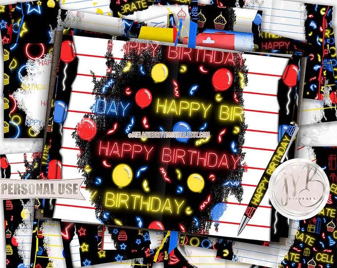 Neon Birthday Junk Journal Page Download • Red Blue and Yellow Glowing Cupcakes Balloons • Journaling Printable