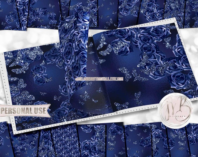 Roses and Butterflies Scrapbook Paper Download • Royal Blue Glitter and Foil Springtime Floral • Printable Paper Crafts 20 12x12 JPG & PDF