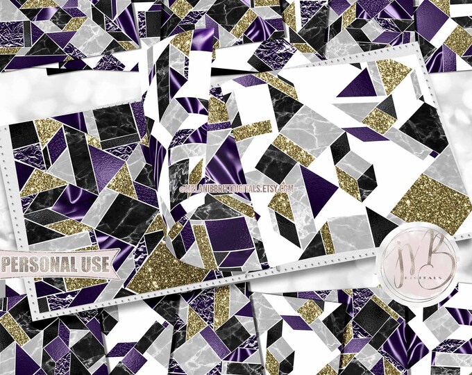 Dark Purple Modern Scrapbook Paper Download • Geometric Tiled Design Marble Silk Glitter Foil • Printable Paper Crafts 12 12x12 JPG & PDF
